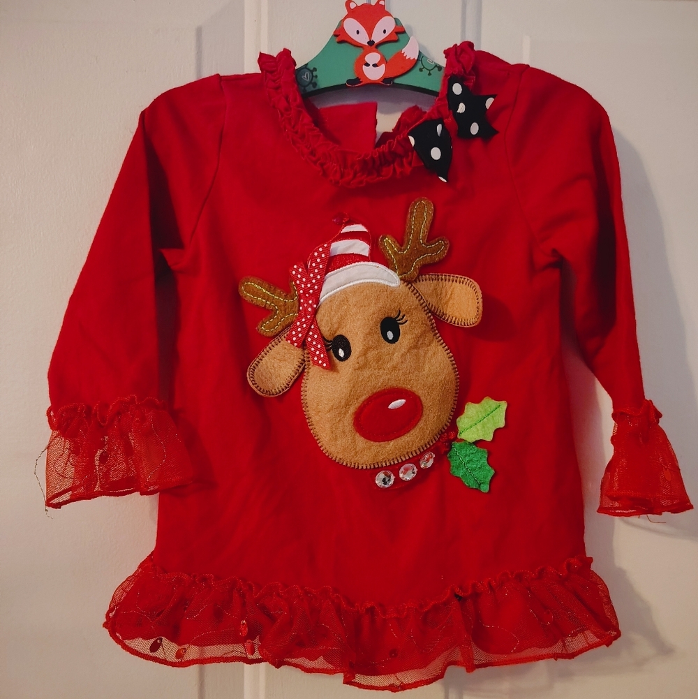 Rare Editions Christmas reindeer embroidered top. Tulle sequin bows 24 months